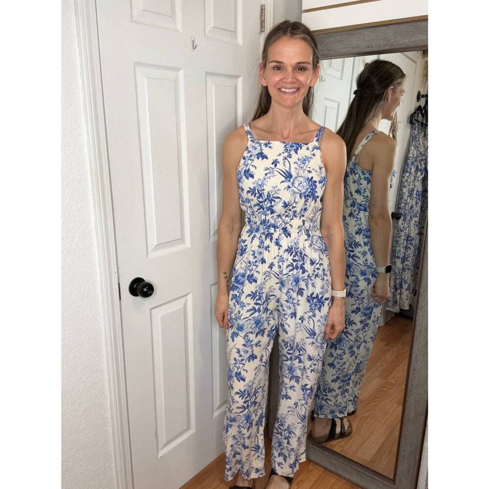 NEW HAYDEN LA myla floral smocked waist jumpsuit in blue